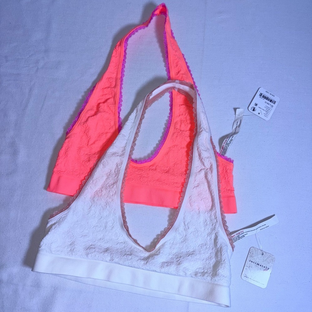 Free People Intimately Halter Bralette M Large White Neon Coral New Lace 2-Pack